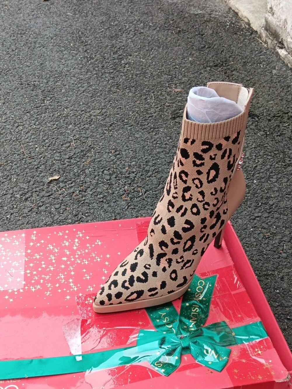 Leopard Knit Pointed Sock Bootie in Beige